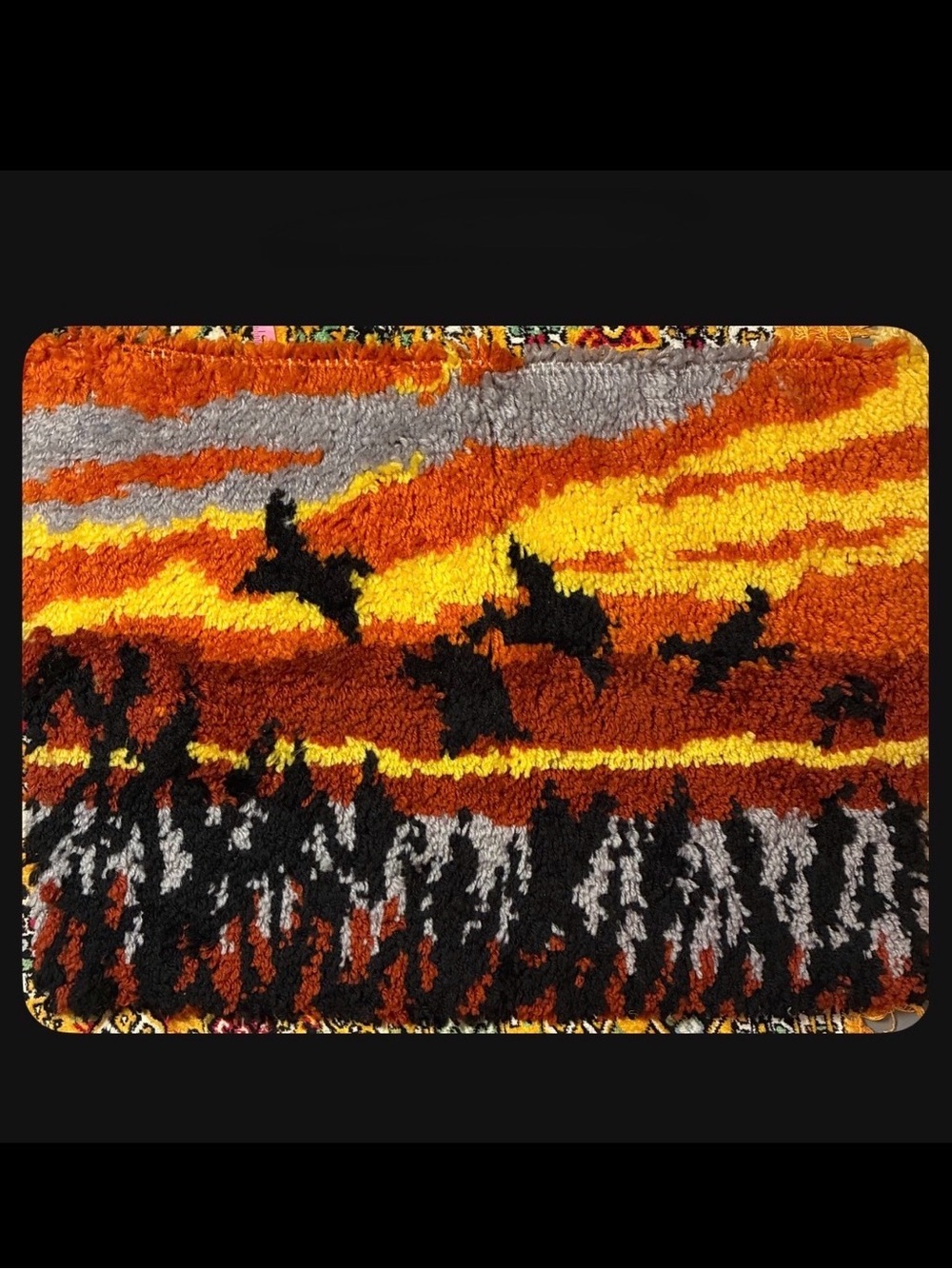 Vintage 1970s latch-hook rug/wall hanging. Bird/geese/sunset.